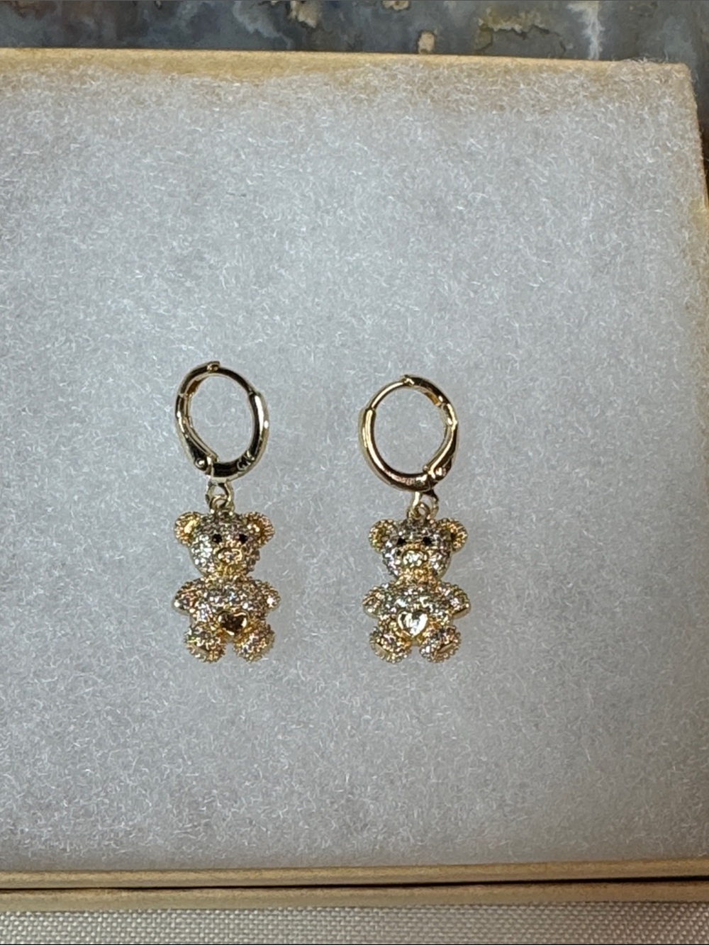 Sparkling Gold Teddy Bear Hoop Drop Earrings